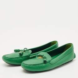 Pre Owned Prada Green Saffiano Leather Bow Slip On Loafers Size 38