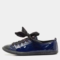Prada Black/Blue Leather And Patent Leather Lace Up Sneakers Size 37
