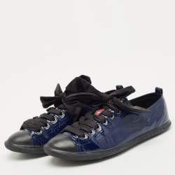 Pre Owned Prada Black/Blue Leather And Patent Leather Lace Up Sneakers Size 37