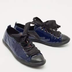 Pre Owned Prada Black/Blue Leather And Patent Leather Lace Up Sneakers Size 37