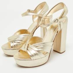 Prada Gold Saffiano Leather Ankle Strap Block Heel Platform Sandals Size 39