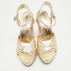Prada Gold Saffiano Leather Ankle Strap Block Heel Platform Sandals Size 39