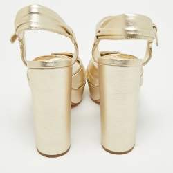 Prada Gold Saffiano Leather Ankle Strap Block Heel Platform Sandals Size 39