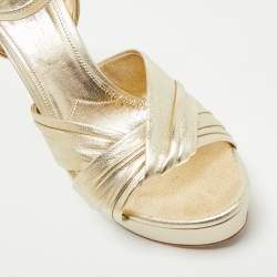 Prada Gold Saffiano Leather Ankle Strap Block Heel Platform Sandals Size 39