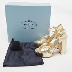 Prada Gold Saffiano Leather Ankle Strap Block Heel Platform Sandals Size 39