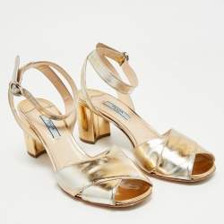 Pre Owned Prada Gold Leather Ankle Strap Block Heel Sandals Size 38
