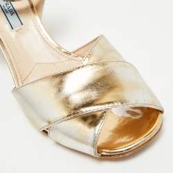 Pre Owned Prada Gold Leather Ankle Strap Block Heel Sandals Size 38