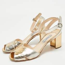 Pre Owned Prada Gold Leather Ankle Strap Block Heel Sandals Size 38