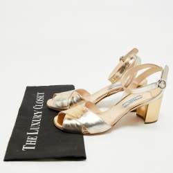 Pre Owned Prada Gold Leather Ankle Strap Block Heel Sandals Size 38