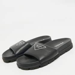 Prada Black Soft Padded Leather Logo Print Flat Slide Sandals Size 38