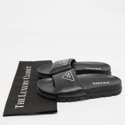 Prada Black Soft Padded Leather Logo Print Flat Slide Sandals Size 38