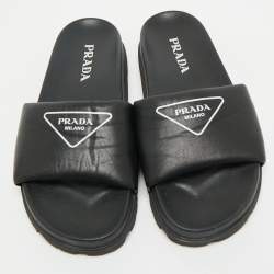 Prada Black Soft Padded Leather Logo Print Flat Slide Sandals Size 38