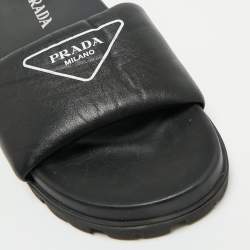Prada Black Soft Padded Leather Logo Print Flat Slide Sandals Size 38