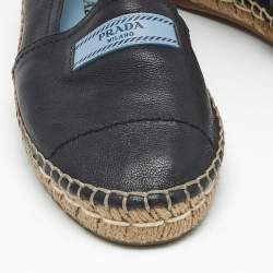 Pre Owned Prada Black Leather Bow Espadrille Flats Size 37.5 