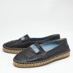 Pre Owned Prada Black Leather Bow Espadrille Flats Size 37.5 