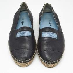 Pre Owned Prada Black Leather Bow Espadrille Flats Size 37.5 