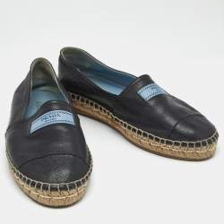 Pre Owned Prada Black Leather Bow Espadrille Flats Size 37.5 