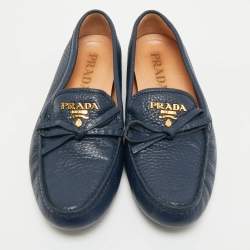 مملوكة مسبقًا Prada Navy Blue Leather Bow Slip On Loafers Size 38