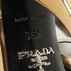 Pre Owned Prada Gold/Black Leather and Grosgrain Bow Ankle Strap Sandals Size 36.5