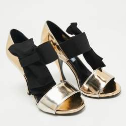 Pre Owned Prada Gold/Black Leather and Grosgrain Bow Ankle Strap Sandals Size 36.5