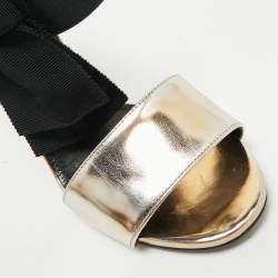 Pre Owned Prada Gold/Black Leather and Grosgrain Bow Ankle Strap Sandals Size 36.5