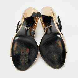 Pre Owned Prada Gold/Black Leather and Grosgrain Bow Ankle Strap Sandals Size 36.5