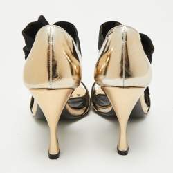 Pre Owned Prada Gold/Black Leather and Grosgrain Bow Ankle Strap Sandals Size 36.5