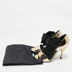 Pre Owned Prada Gold/Black Leather and Grosgrain Bow Ankle Strap Sandals Size 36.5