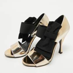 Pre Owned Prada Gold/Black Leather and Grosgrain Bow Ankle Strap Sandals Size 36.5