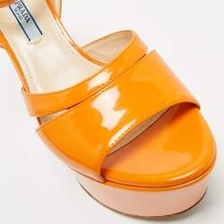 Pre Owned Prada Orange Patent Leather Platform Ankle Strap Sandals Size 36