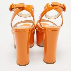 Pre Owned Prada Orange Patent Leather Platform Ankle Strap Sandals Size 36