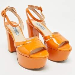 Pre Owned Prada Orange Patent Leather Platform Ankle Strap Sandals Size 36