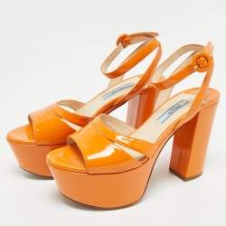 Pre Owned Prada Orange Patent Leather Platform Ankle Strap Sandals Size 36