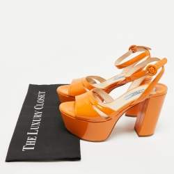 Pre Owned Prada Orange Patent Leather Platform Ankle Strap Sandals Size 36