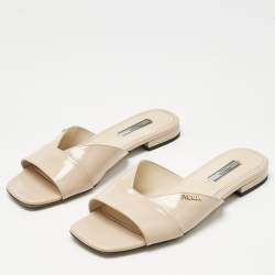 Pre Owned Prada Beige Patent Saffiano Leather Flat Slides Size 38.5