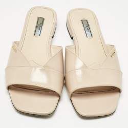 Pre Owned Prada Beige Patent Saffiano Leather Flat Slides Size 38.5