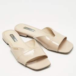 Pre Owned Prada Beige Patent Saffiano Leather Flat Slides Size 38.5