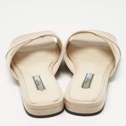 Pre Owned Prada Beige Patent Saffiano Leather Flat Slides Size 38.5