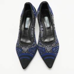 Pre Owned Prada Navy Blue/Black Knit Fabric Pointed Toe Pumps Size 38.5