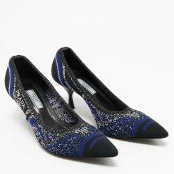 Pre Owned Prada Navy Blue/Black Knit Fabric Pointed Toe Pumps Size 38.5