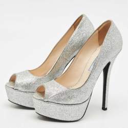 Pre Owned Prada Silver Glitter Leather Peep Toe Platform Pumps Size 37