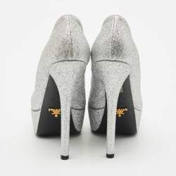 Pre Owned Prada Silver Glitter Leather Peep Toe Platform Pumps Size 37