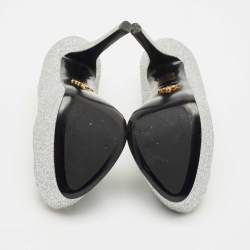 Pre Owned Prada Silver Glitter Leather Peep Toe Platform Pumps Size 37