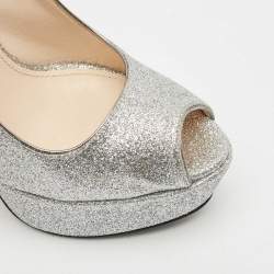 Pre Owned Prada Silver Glitter Leather Peep Toe Platform Pumps Size 37