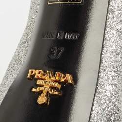 Pre Owned Prada Silver Glitter Leather Peep Toe Platform Pumps Size 37