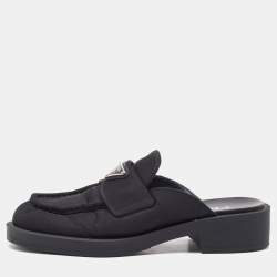 Pre Owned Prada Black Nylon Triangle Logo Loafer Mules Size 36