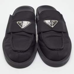 Pre Owned Prada Black Nylon Triangle Logo Loafer Mules Size 36