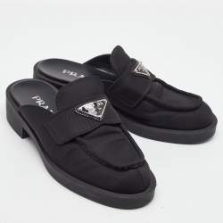 Pre Owned Prada Black Nylon Triangle Logo Loafer Mules Size 36