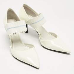 Pre Owned حذاء كعب عالي برادا جلد لامع أبيض وإلاستيك ماري جين دورسي مقاس 38