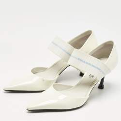 Pre Owned حذاء كعب عالي برادا جلد لامع أبيض وإلاستيك ماري جين دورسي مقاس 38